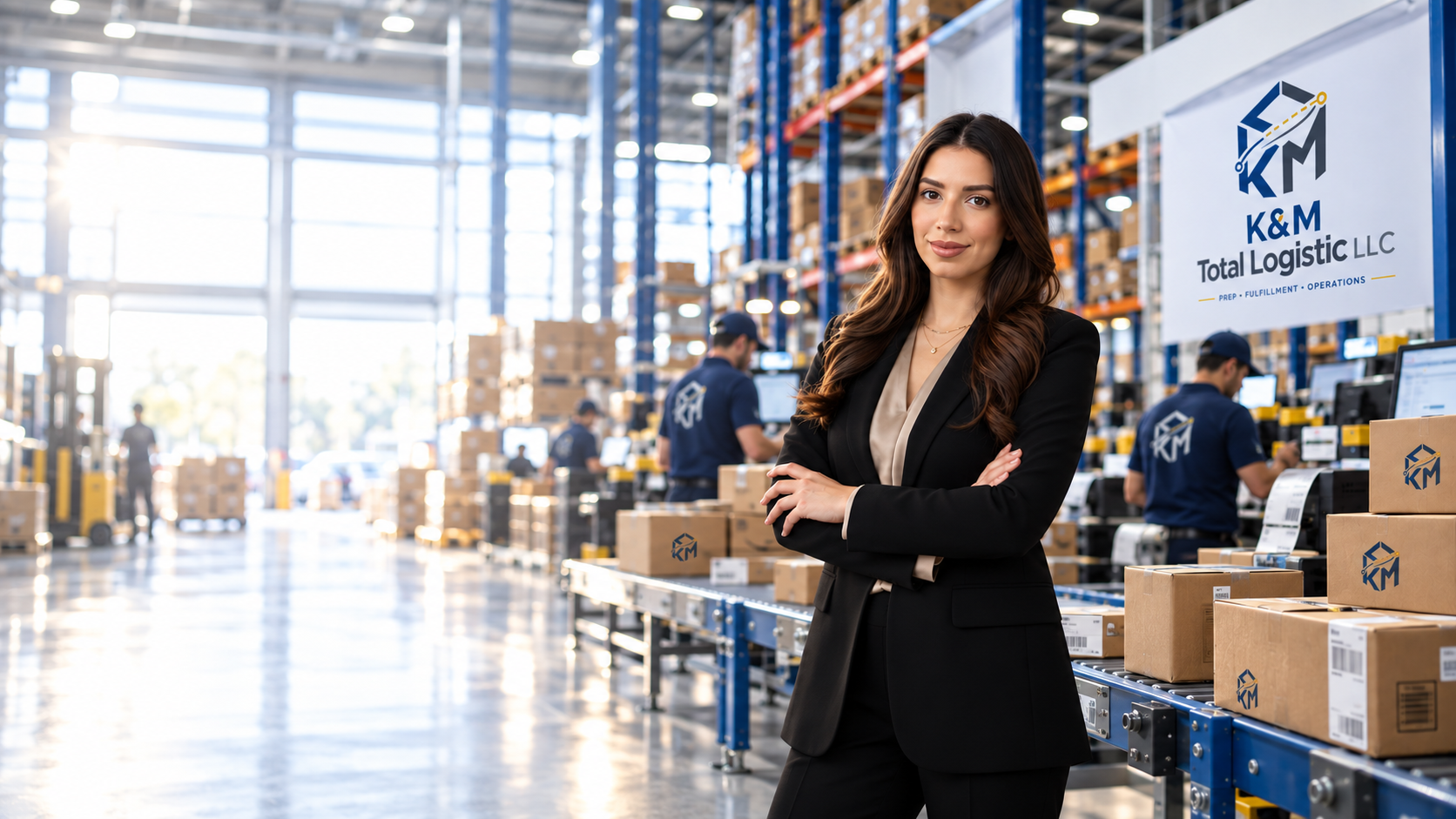 Kelly in a K&M Total Logistic warehouse scene